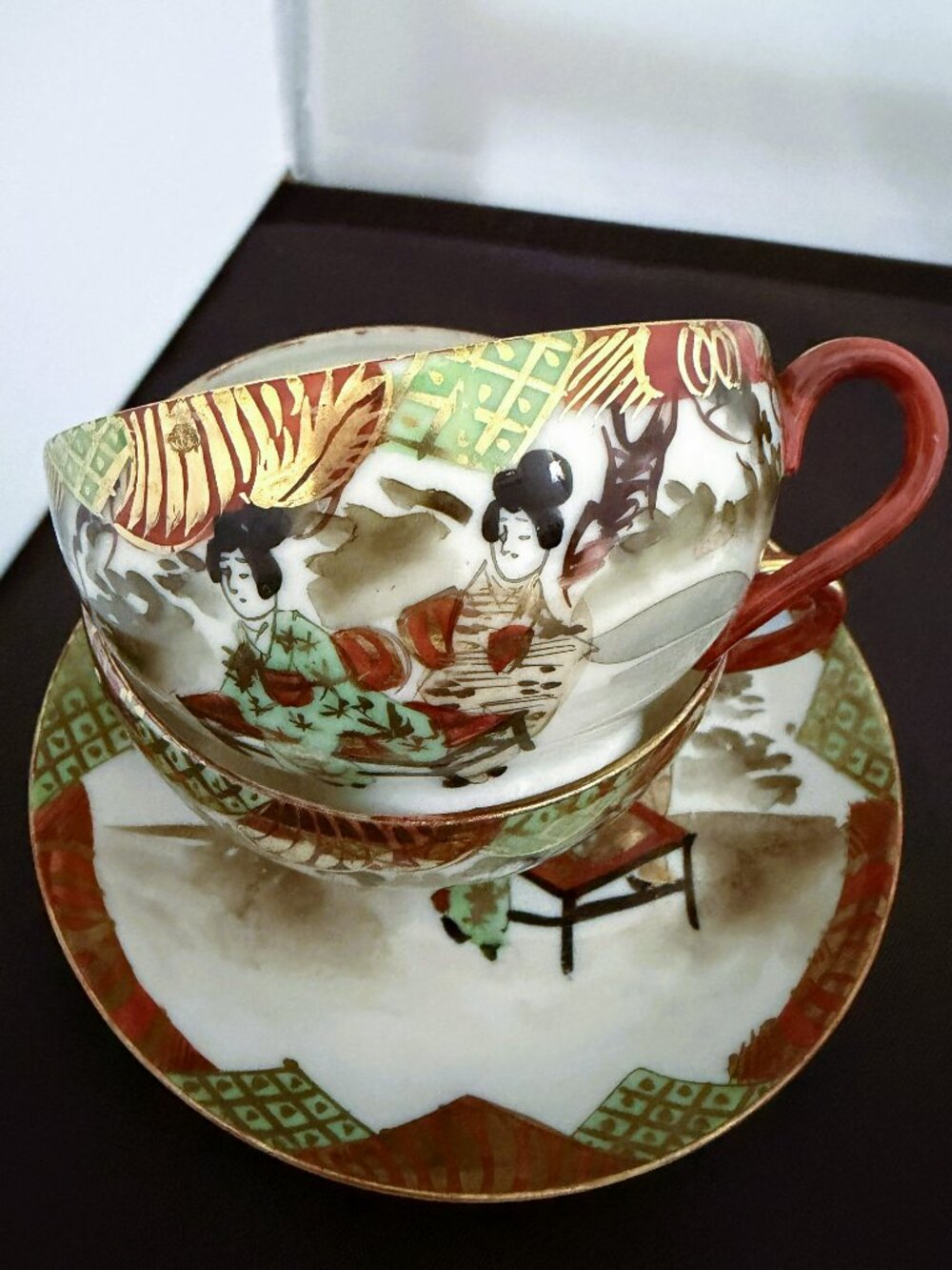 Vintage Kutani Japan Creamer, Sugar Teacups/Saucers Eggshell Porcelain Geisha